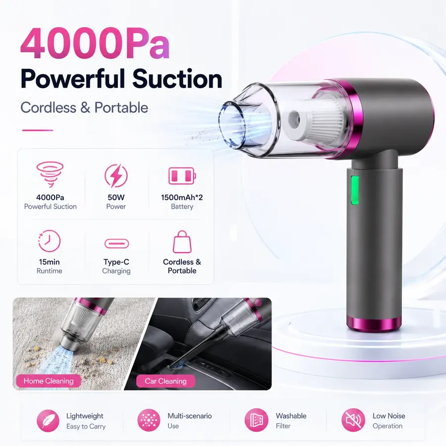 Aspiradora de mano inalámbrica CV-4000 de 4000Pa · 50W húmedo/seco con 7 accesorios — 1