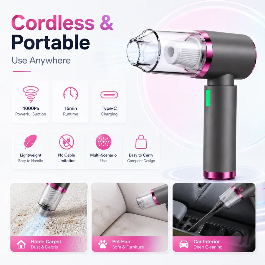 Aspiradora de mano inalámbrica CV-4000 de 4000Pa · 50W húmedo/seco con 7 accesorios — 6