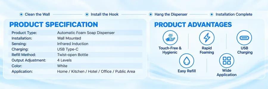 Bình đựng xà phòng bọt tự động AS127A · gắn tường, sạc USB 07