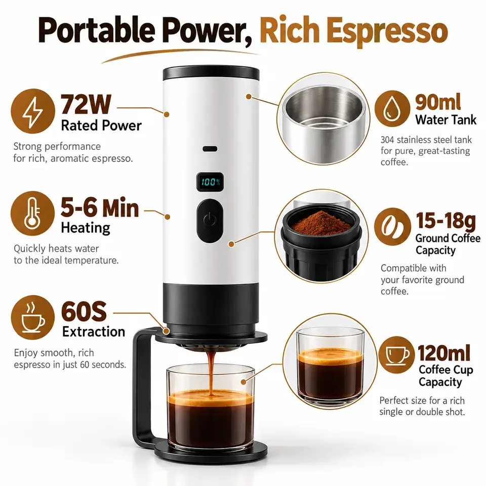 XYD-003 3-in-1 Portable Espresso Machine · Self-Heating & Rechargeable 4