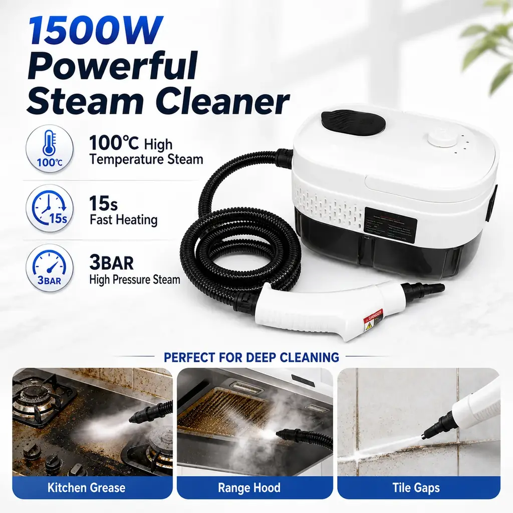 เครื่องทำความสะอาดด้วยไอน้ำแรงดันสูง 1500W ไอน้ำร้อน 100℃ เครื่องทำความสะอาดแบบพกพาอเนกประสงค์ พร้อมถังน้ำ 1400ml— 4