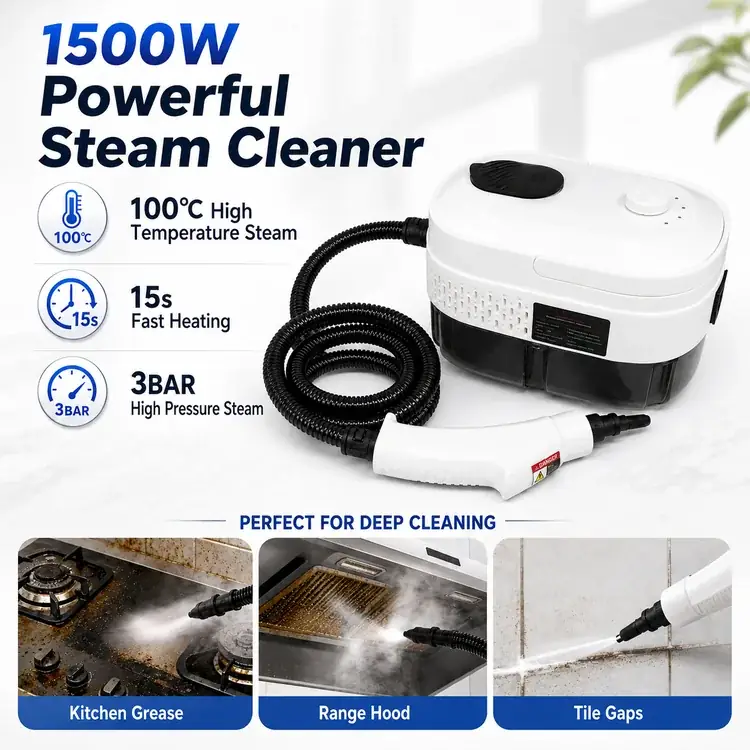 เครื่องทำความสะอาดด้วยไอน้ำแรงดันสูง 1500W ไอน้ำร้อน 100℃ เครื่องทำความสะอาดแบบพกพาอเนกประสงค์ พร้อมถังน้ำ 1400ml— 1