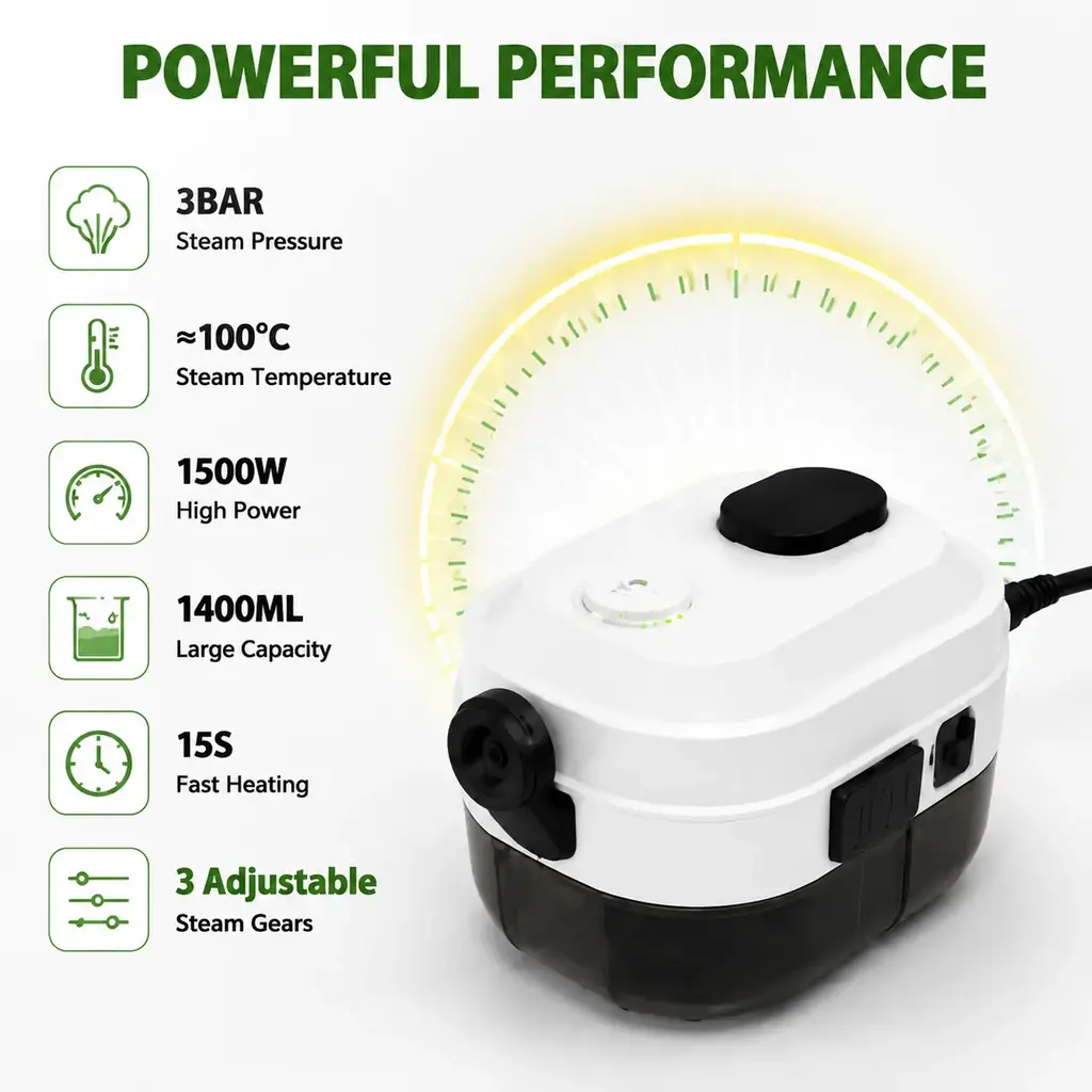 เครื่องทำความสะอาดด้วยไอน้ำไฟฟ้าแรงดันสูง 1500W 3BAR แบบพกพาอเนกประสงค์สำหรับใช้ในบ้าน ครัว ห้องน้ำ และรถยนต์— 5
