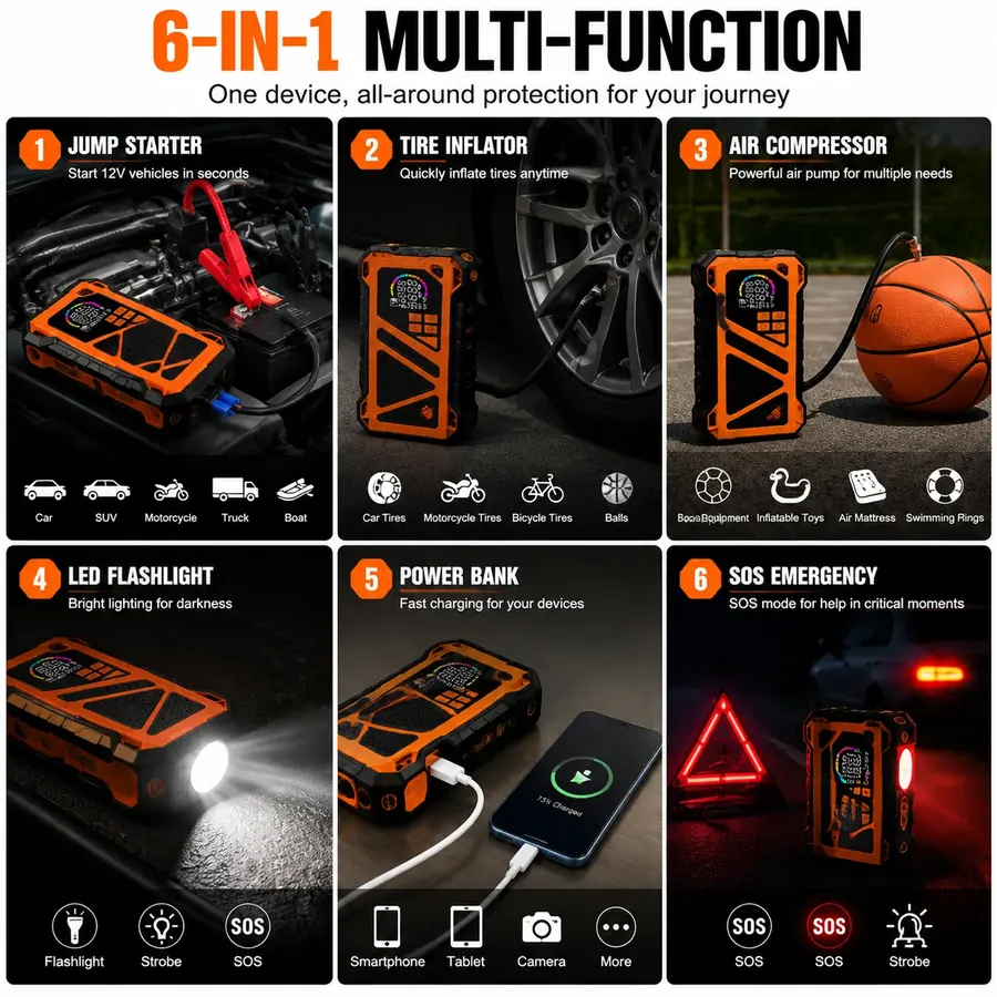 เครื่องสตาร์ทพกพา 6 ใน 1 และปั๊มลมยาง · กระแสสูงสุด 800A · คอมเพรสเซอร์ดิจิทัล 150PSI พร้อมเพาเวอร์แบงก์และไฟ LED — 1