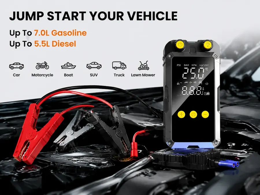 MC6659 جهاز بدء تشغيل 2000A ومضخة إطارات · ضاغط هواء رقمي 150PSI مع بنك طاقة ومصباح LED — 3