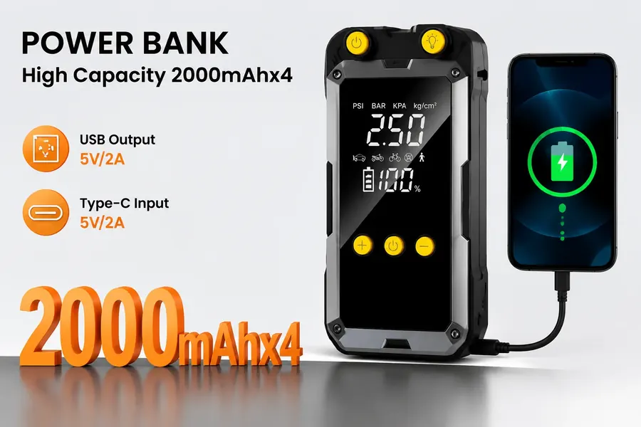MC6659 جهاز بدء تشغيل 2000A ومضخة إطارات · ضاغط هواء رقمي 150PSI مع بنك طاقة ومصباح LED — 6