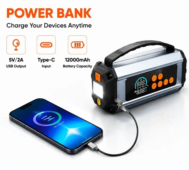 เครื่องจั๊มสตาร์ทแบตเตอรี่ 1200A พร้อมเครื่องเติมลมยางและปั๊มลม 7 in 1 บูสเตอร์แบตเตอรี่รถยนต์ พร้อมเป่าลม ดูดฝุ่น ไฟ LED พาวเวอร์แบงก์ และ SOS OEM ODM— 4