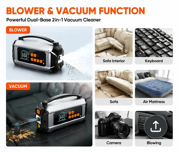 เครื่องจั๊มสตาร์ทแบตเตอรี่ 1200A พร้อมเครื่องเติมลมยางและปั๊มลม 7 in 1 บูสเตอร์แบตเตอรี่รถยนต์ พร้อมเป่าลม ดูดฝุ่น ไฟ LED พาวเวอร์แบงก์ และ SOS OEM ODM— 6